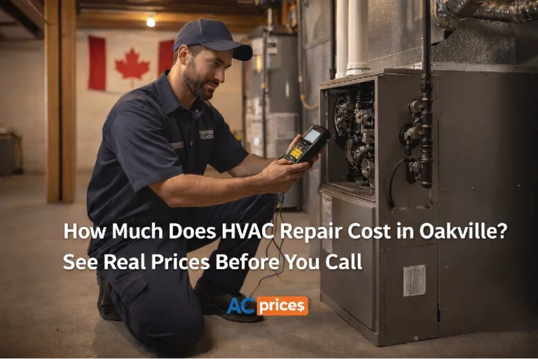 Certified HVAC technician inspecting a residential furnace during a repair service call in Oakville