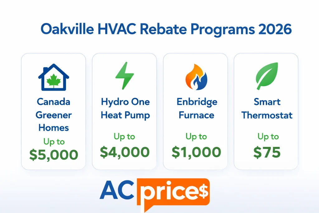Oakville HVAC rebates 2026 infographic showing federal and Ontario provincial savings programs for homeowners