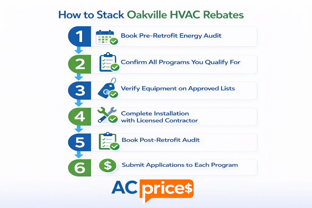 Oakville HVAC rebate stacking diagram showing how to combine federal and Ontario provincial programs
