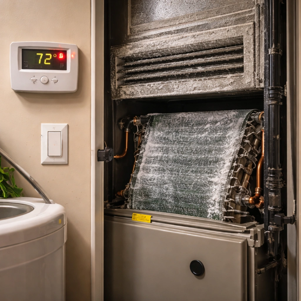 HVAC system showing warning signs like dusty vents and thermostat error light indicating need for repair in Oakville home