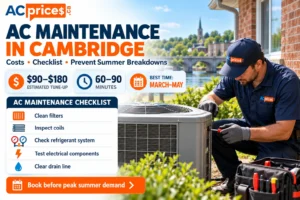 HVAC technician performing AC maintenance in Cambridge, Ontario, with a tune-up checklist and estimated service costs.