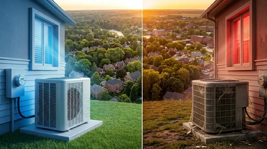 Clean vs dirty AC unit comparison showing energy savings from regular AC tune-up in Cambridge