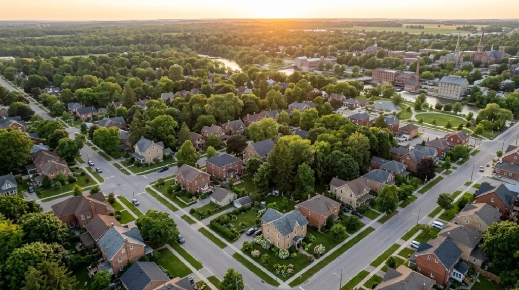 Residential neighbourhood in Cambridge Ontario with older brick homes during summer