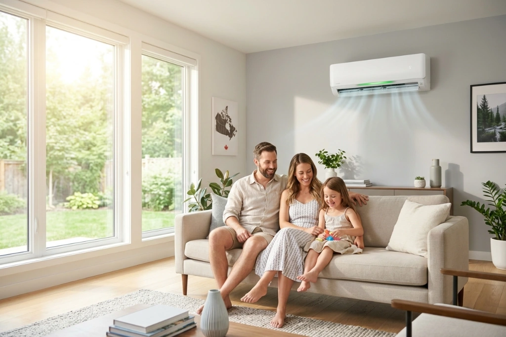 Happy family relaxing in cool comfortable home after emergency AC repair in Brantford