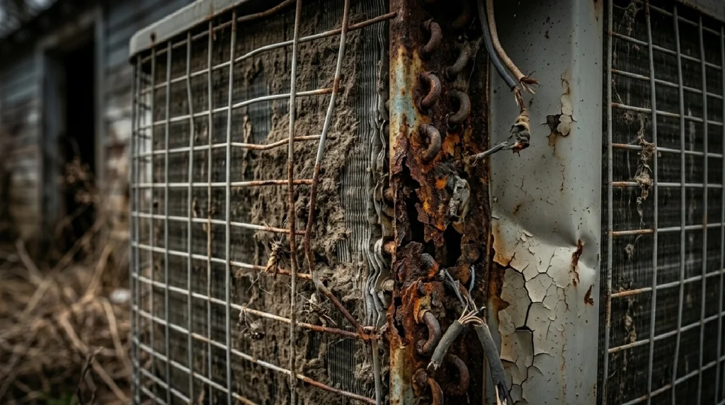 Damaged and neglected air conditioning unit showing rust and dust buildup — warning signs AC needs service in Cambridge