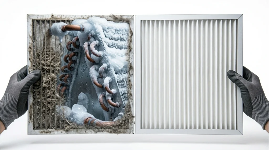 Dirty clogged AC air filter vs clean filter – replace to fix airflow issues