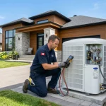 Emergency AC repair technician inspecting outdoor condenser unit in Brantford
