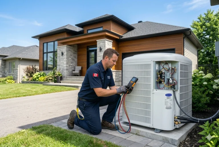 Emergency AC repair technician inspecting outdoor condenser unit in Brantford