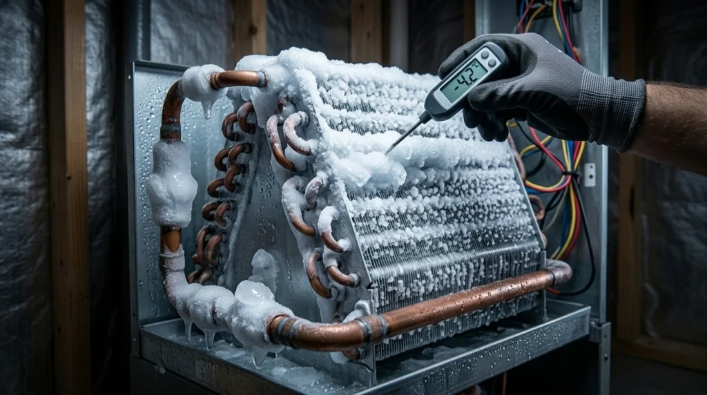 Frozen AC evaporator coil with ice buildup – common emergency AC problem in Brantford