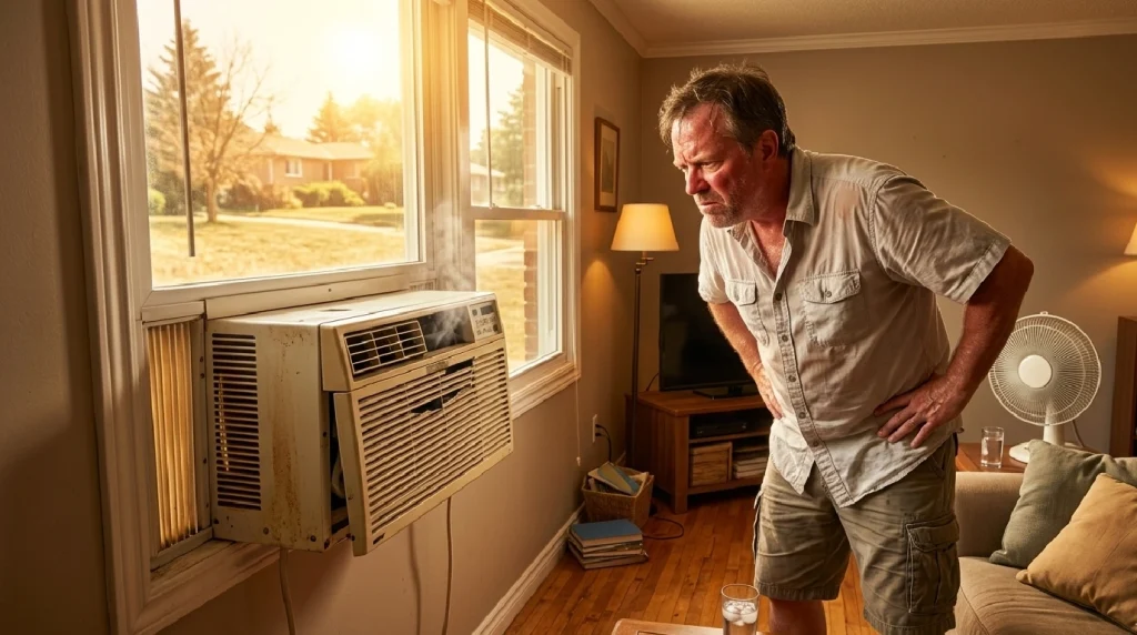 Frustrated homeowner in hot room with broken air conditioner during Cambridge summer
