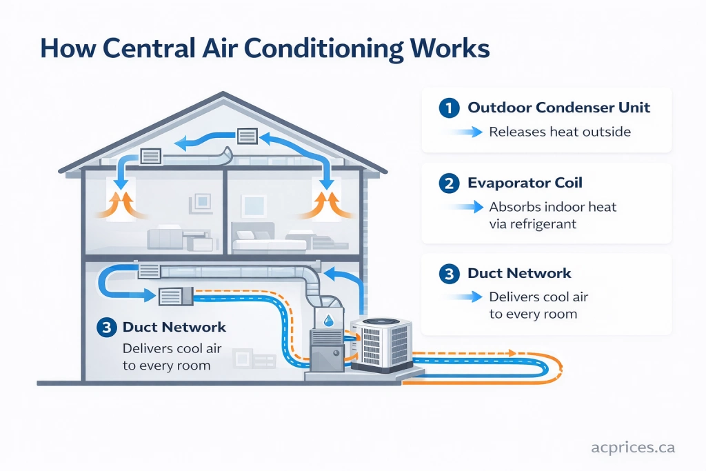 How central air conditioning works — diagram showing outdoor condenser, indoor evaporator coil and duct system in a Milton Ontario home
