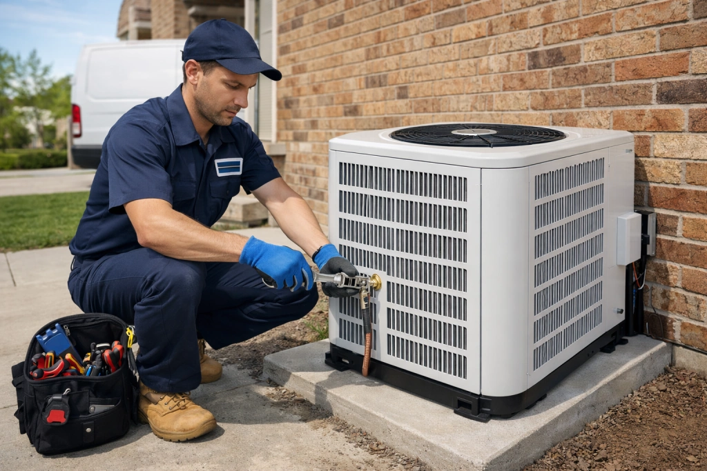 Licensed HVAC contractor installing central air conditioning outdoor condenser unit at a Milton Ontario home