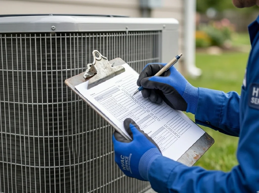 HVAC technician holding maintenance checklist while inspecting AC condenser unit in Cambridge