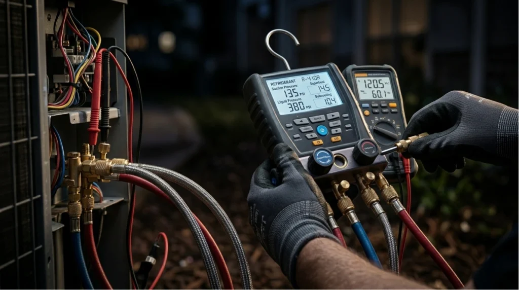 HVAC diagnostic tools and gauge readings during AC unit inspection in Brantford