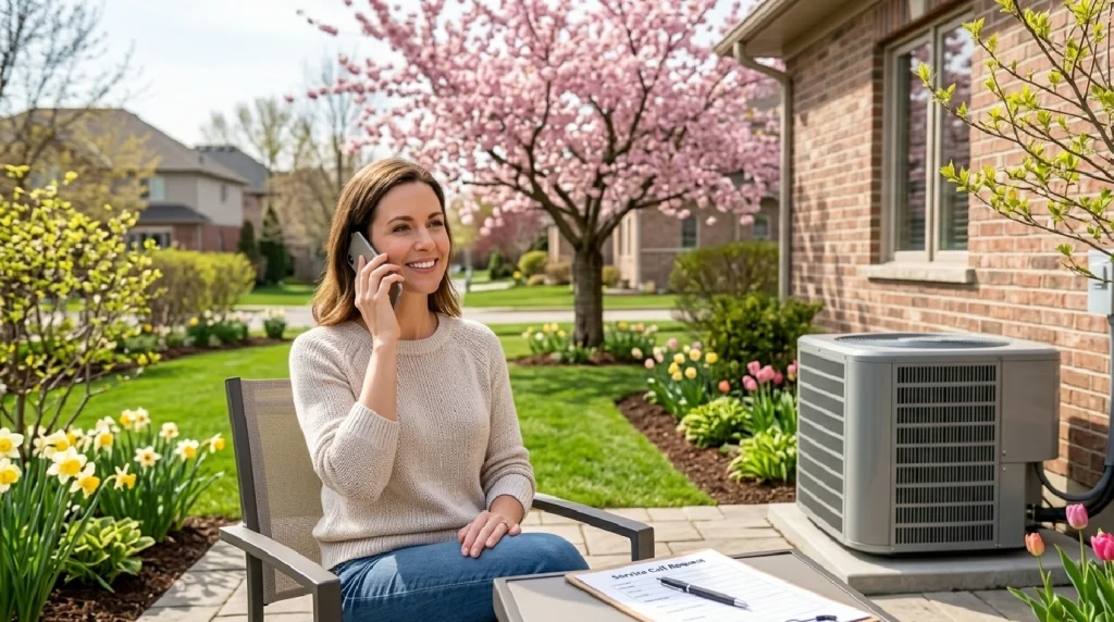 Homeowner booking spring AC maintenance service in Cambridge Ontario between March and May