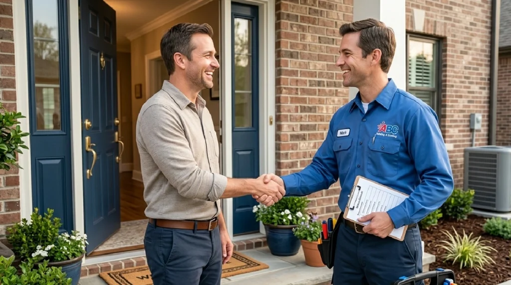 Trusted certified HVAC technician shaking hands with Cambridge homeowner after AC maintenance service