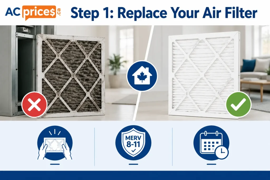 AC spring tune-up checklist step 1 – replacing dirty HVAC air filter before summer in Ontario home