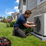 AC installation in Cambridge Ontario – licensed HVAC technician installing central air conditioner unit outside a detached home