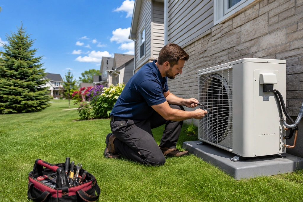 AC installation in Cambridge Ontario – licensed HVAC technician installing central air conditioner unit outside a detached home