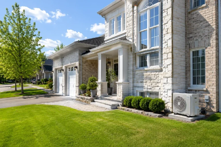 AC replacement Oakville - central air conditioner outside suburban home in summer