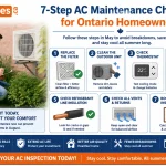 AC spring tune-up checklist – Ontario homeowner inspecting outdoor air conditioner unit in spring 2026