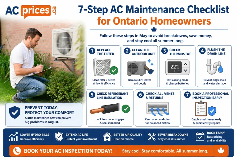 AC spring tune-up checklist – Ontario homeowner inspecting outdoor air conditioner unit in spring 2026