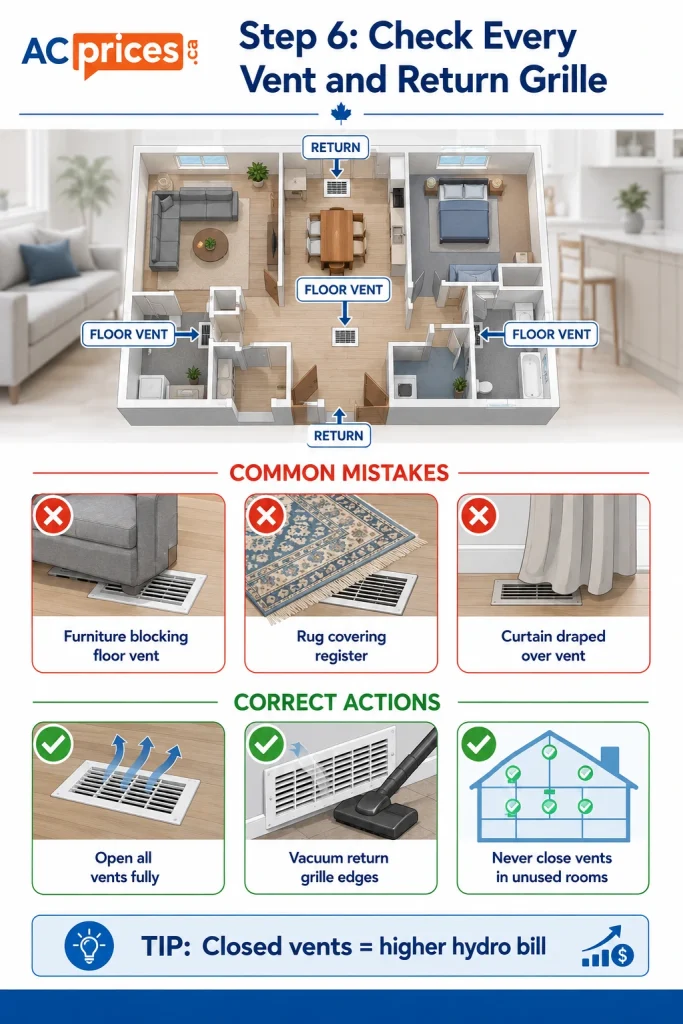 AC spring tune-up checklist step 6 – checking and vacuuming indoor vents and return grilles for proper airflow