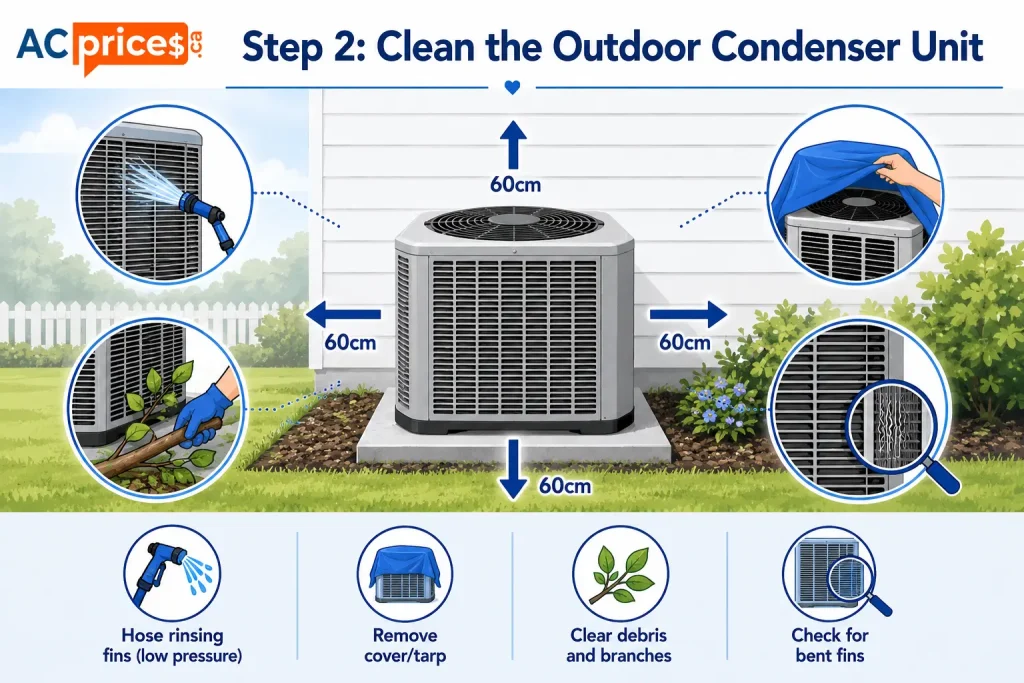 AC spring tune-up checklist step 2 – cleaning outdoor condenser unit with garden hose in Ontario backyard