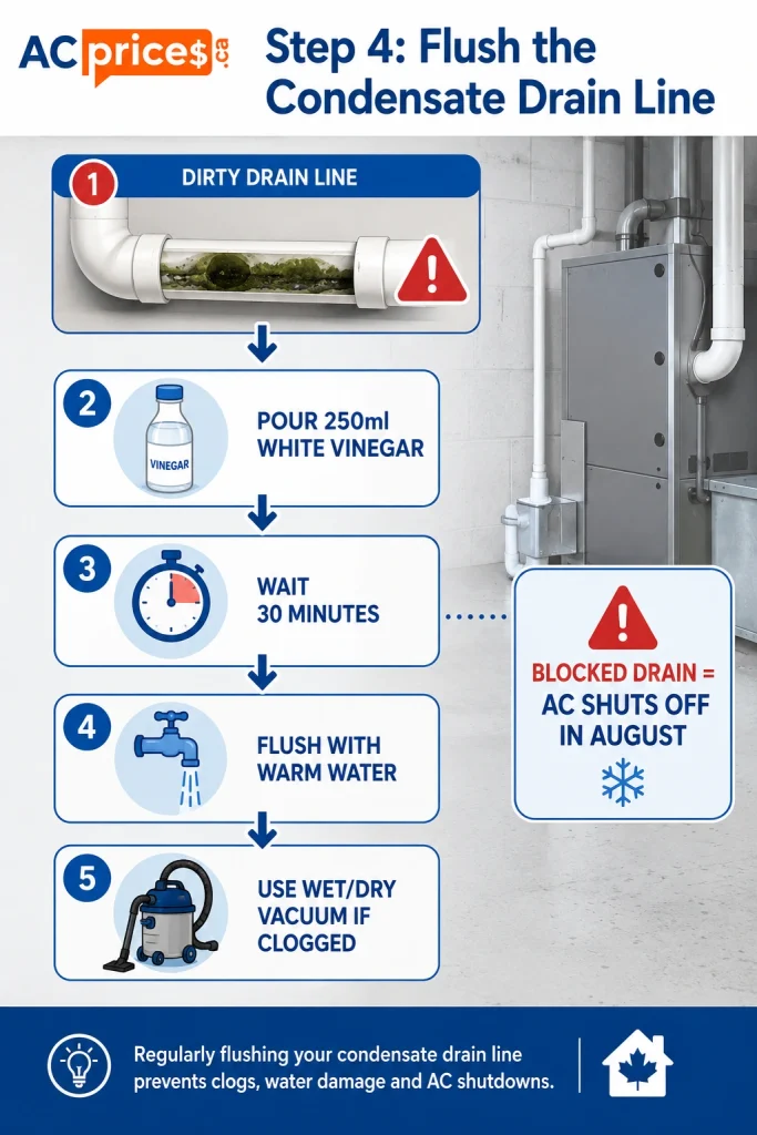 AC spring tune-up checklist step 4 – flushing condensate drain line with vinegar to prevent summer AC shutdown