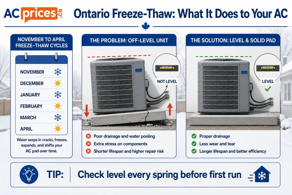 Ontario freeze-thaw cycles causing AC condenser unit base pad to shift and tilt during winter