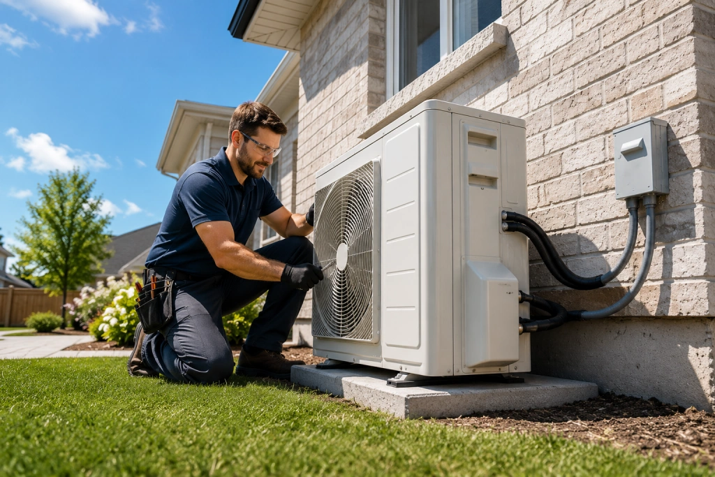Licensed HVAC technician installing new central air conditioner at Oakville home