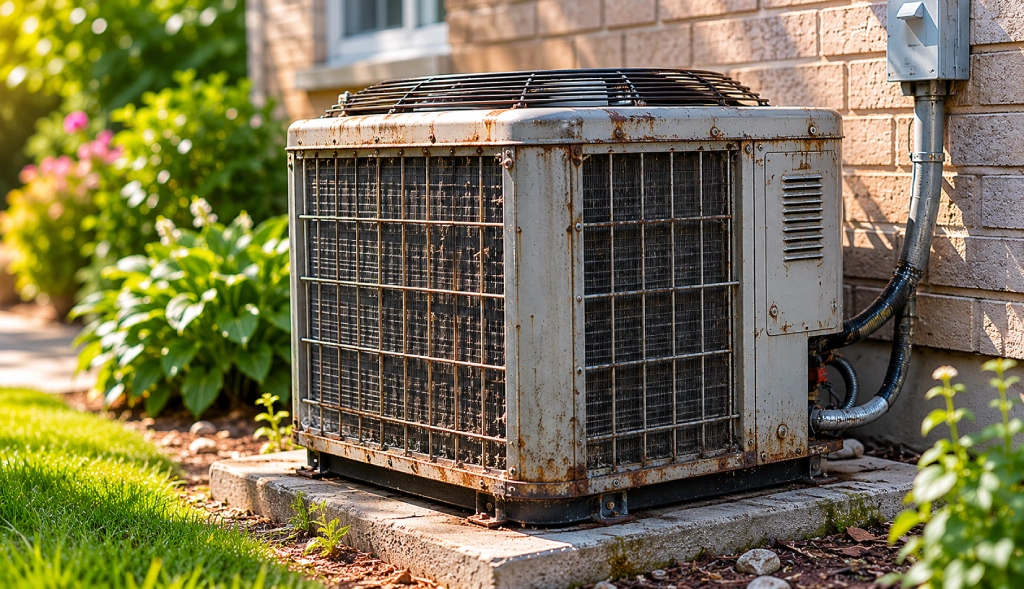 Old rusted AC unit outside Oakville home showing signs of failure and need for replacement