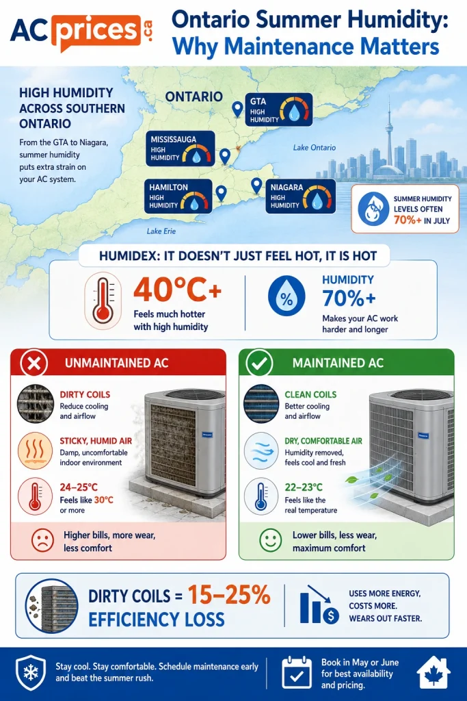 High humidity in GTA and Niagara Ontario summer reaching 40 degree humidex requiring properly maintained AC
