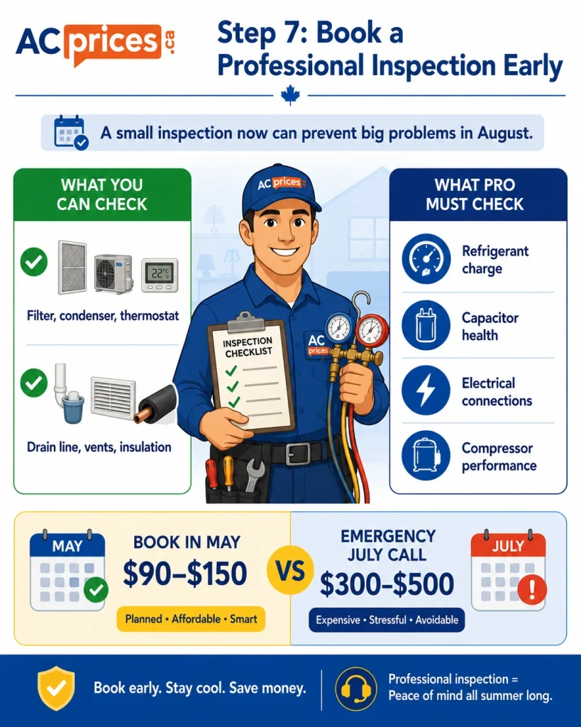 AC spring tune-up checklist step 7 – certified HVAC technician inspecting air conditioner before Ontario summer