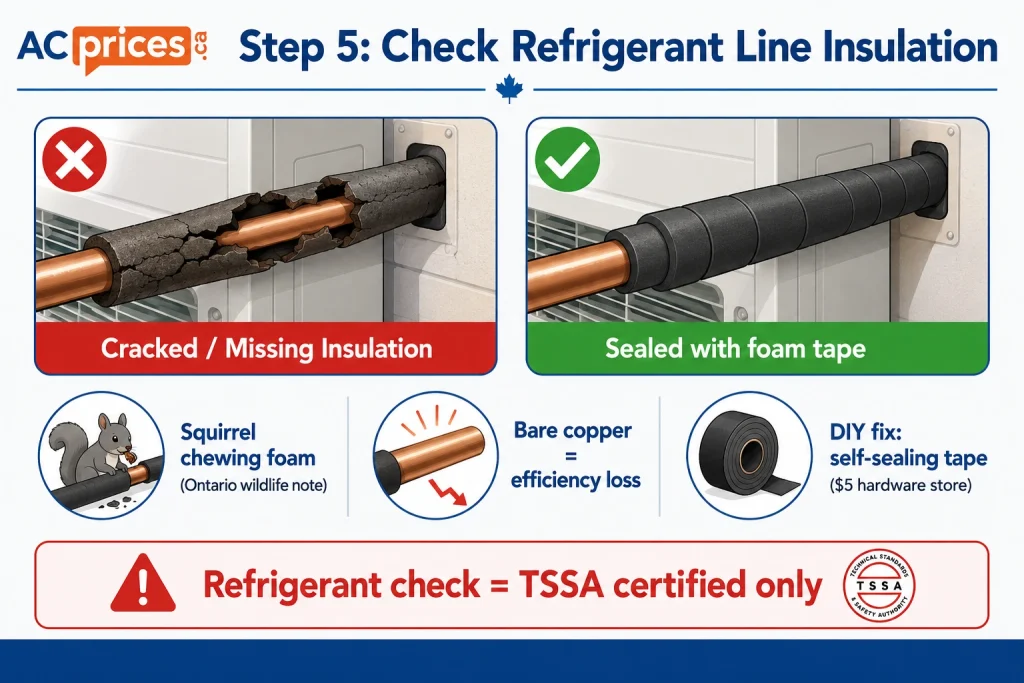 AC spring tune-up checklist step 5 – inspecting and replacing damaged refrigerant line foam insulation