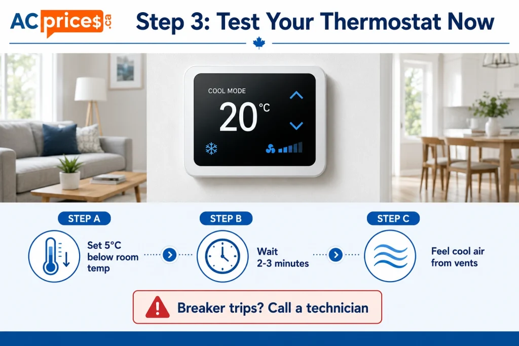 AC spring tune-up checklist step 3 – testing thermostat set to cool mode 5 degrees below room temperature