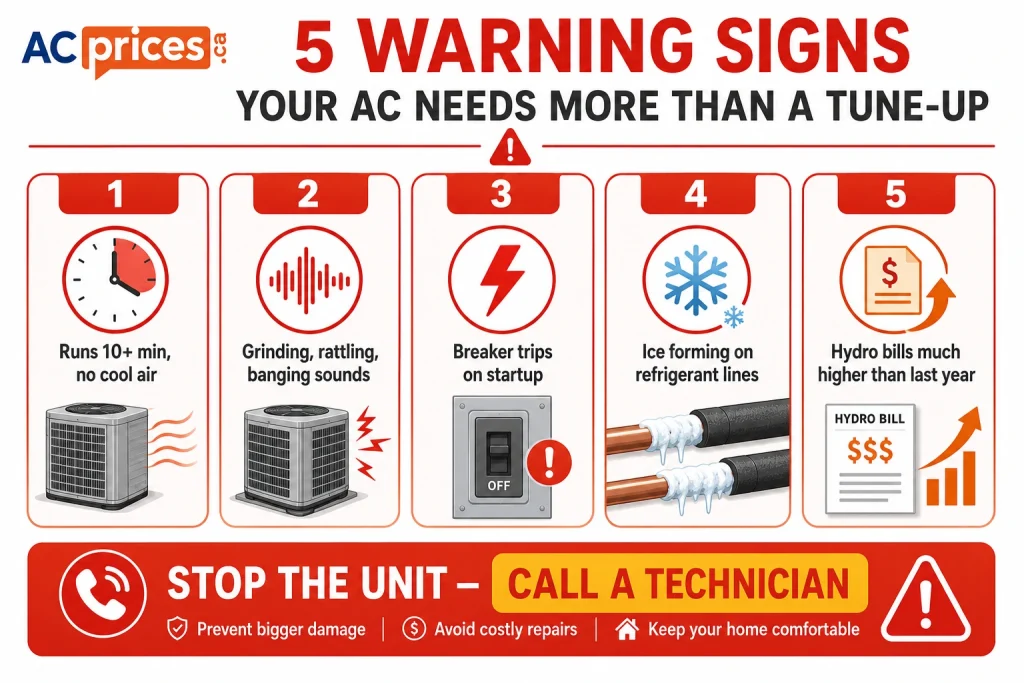 Warning signs your AC needs more than a spring tune-up – ice on lines, tripping breaker, grinding noise in Ontario
