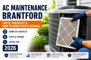 AC Maintenance Brantford technician replacing a dirty air filter during a residential air conditioner tune-up in 2026