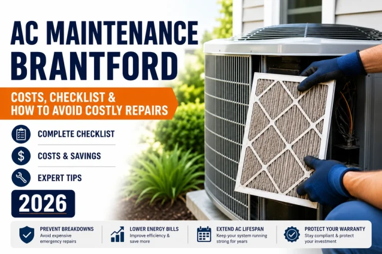 AC Maintenance Brantford technician replacing a dirty air filter during a residential air conditioner tune-up in 2026