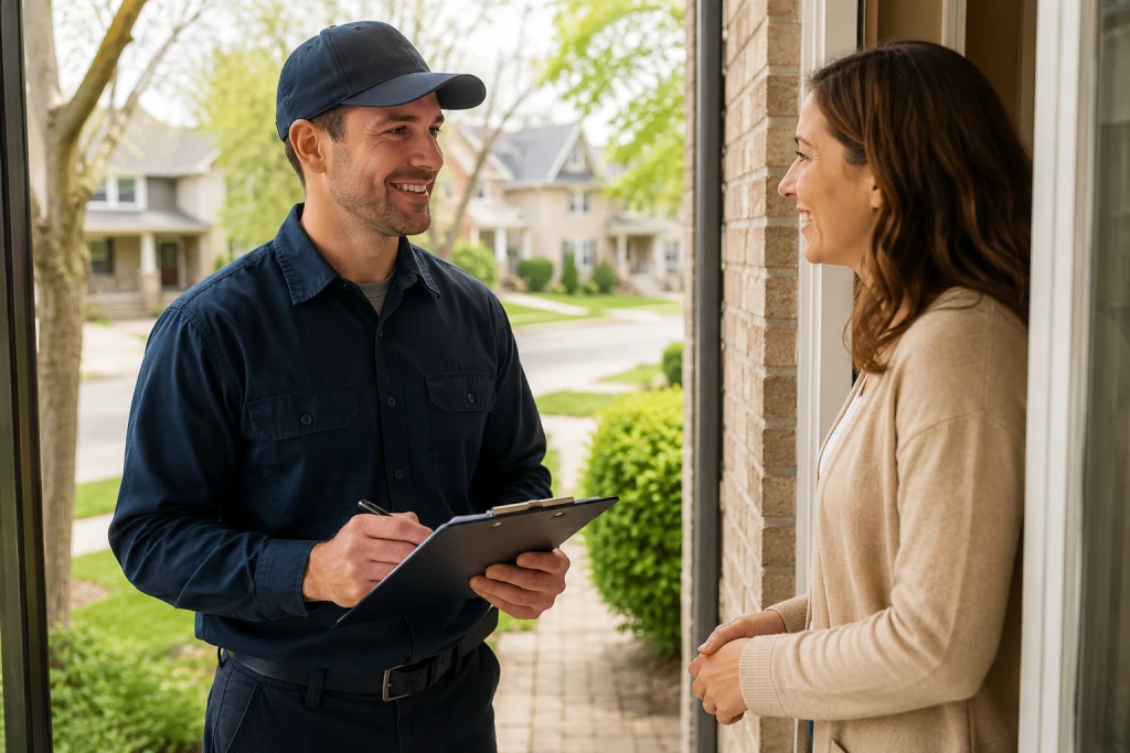 Homeowner discussing AC maintenance quote with HVAC technician at front door of house in Ontario