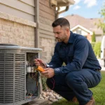 AC repair in Milton, Ontario — technician servicing a residential air conditioner outside a suburban home
