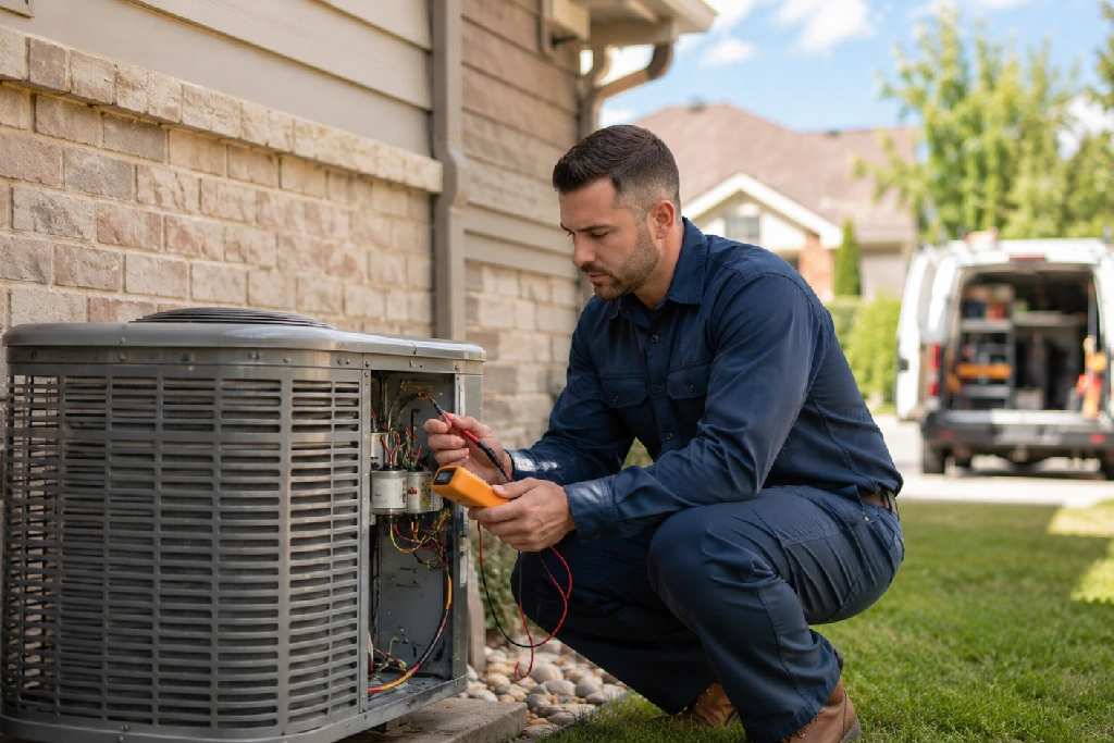 AC repair in Milton, Ontario — technician servicing a residential air conditioner outside a suburban home