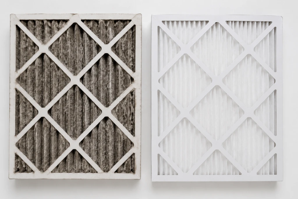 Side by side comparison of a dirty clogged AC air filter and a clean new air filter