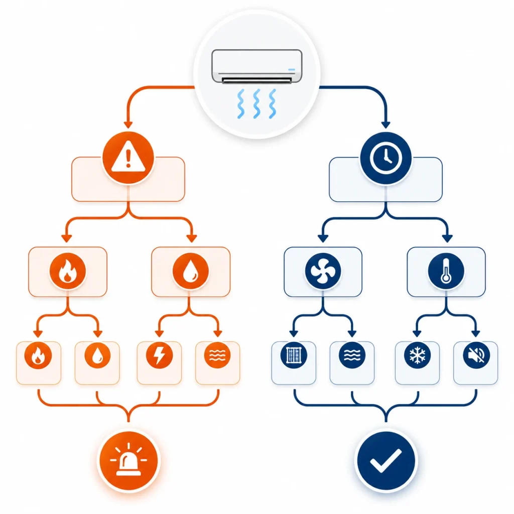 Infographic showing decision tree for true AC emergencies versus issues that can wait in Oakville