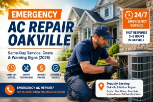 Suburban Oakville home during a summer heatwave with central air conditioner running