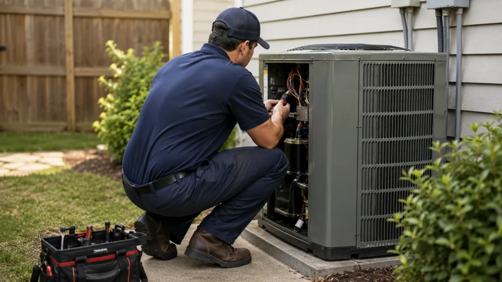 Licensed HVAC technician performing emergency AC repair on an outdoor condenser unit