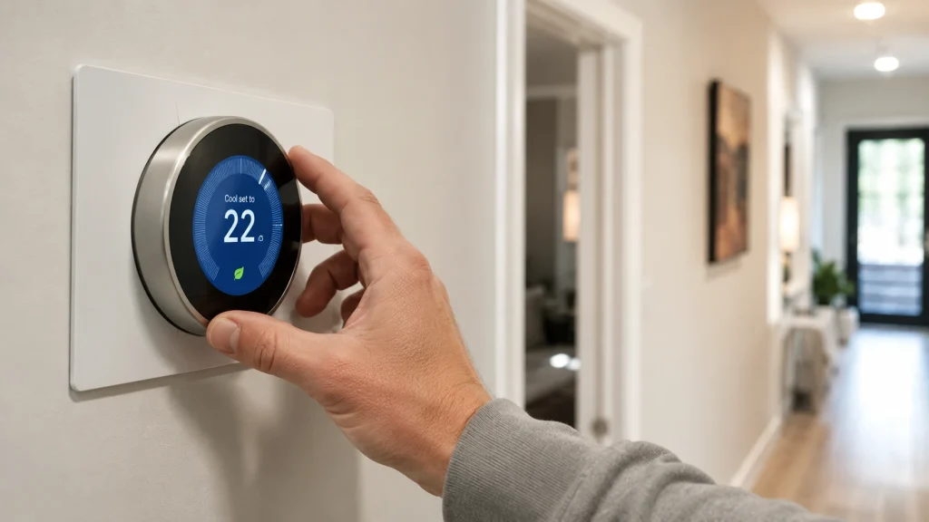 Homeowner checking a digital thermostat to troubleshoot an AC cooling issue