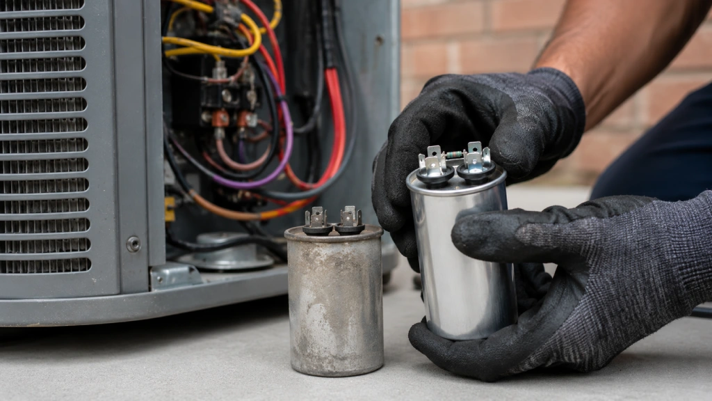 Technician replacing a failed AC capacitor during an air conditioner repair in Milton