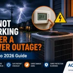 Homeowner checking an air conditioner after a power outage during a thunderstorm in Ontario, with a thermostat turned off and outdoor AC condenser unit.