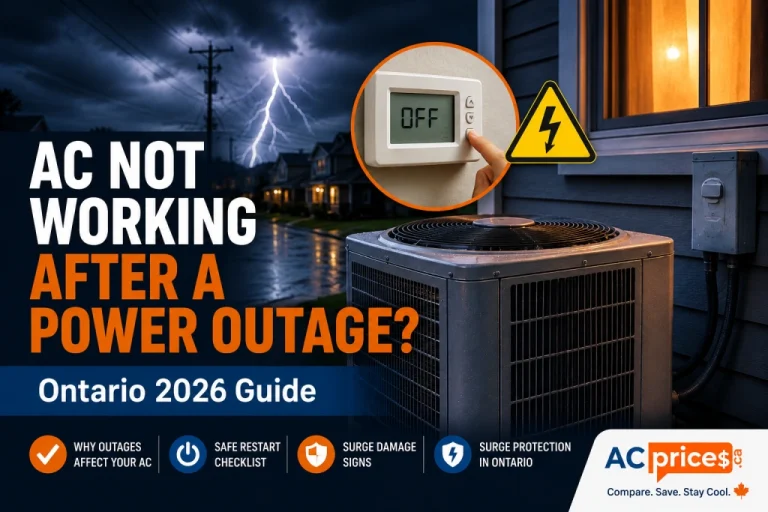 Homeowner checking an air conditioner after a power outage during a thunderstorm in Ontario, with a thermostat turned off and outdoor AC condenser unit.